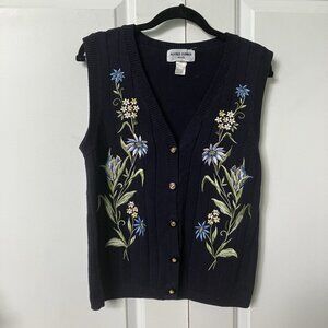 Vintage Navy Blue Embroidered V-Neck Sweater Vest